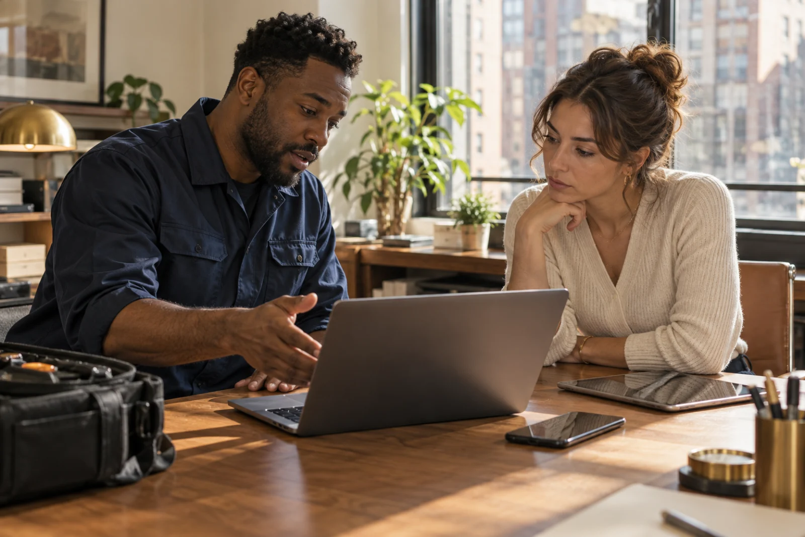 A device repair technician reviewing a company laptop with an office manager