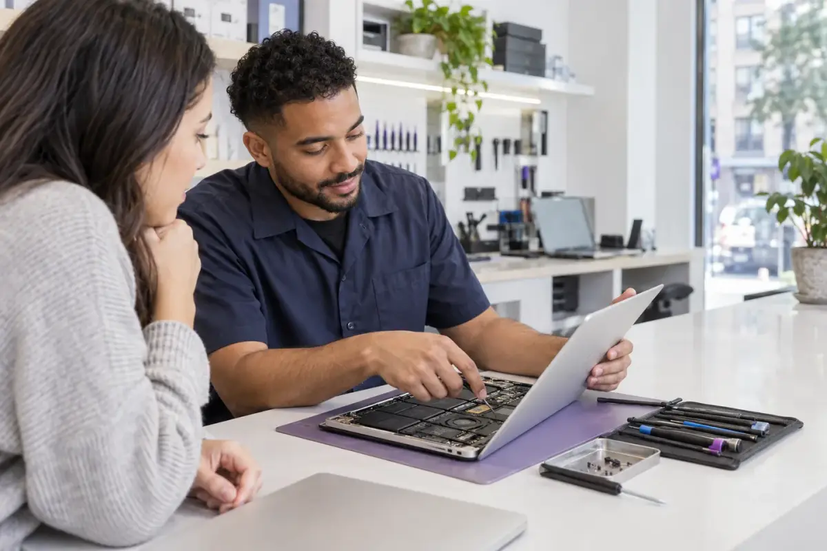 Repair technician explaining a laptop diagnosis to a customer