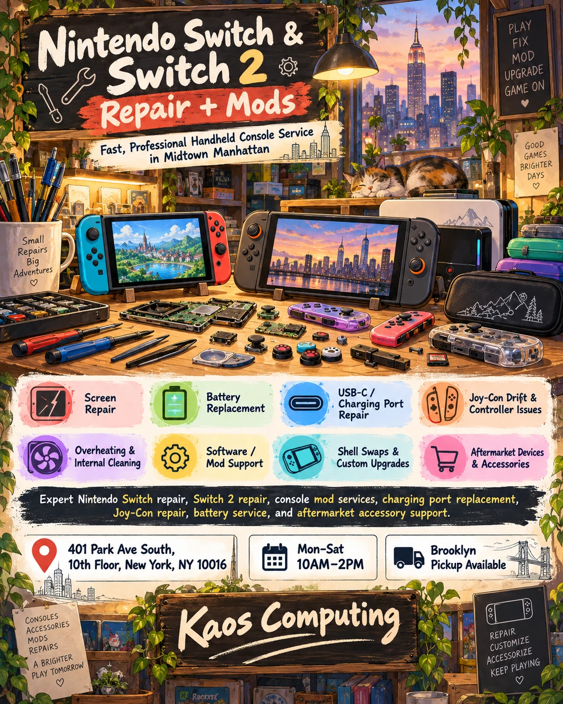 Nintendo Switch and Switch 2 repair, modification and accessory services at Kaos Computing in New York City
